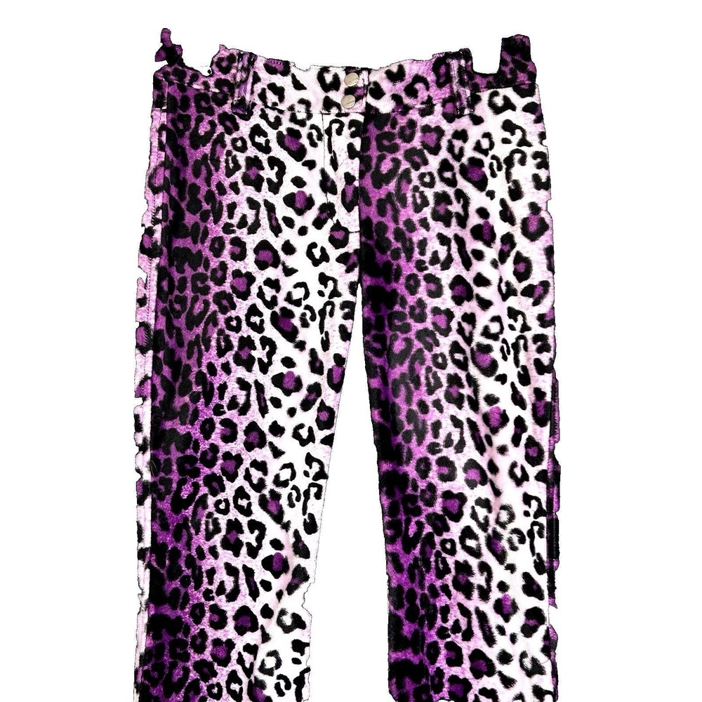 Rare Lip Service Vintage FREAKS IN FUR Y2K Purple Leopard Lace-Up Flared Pants